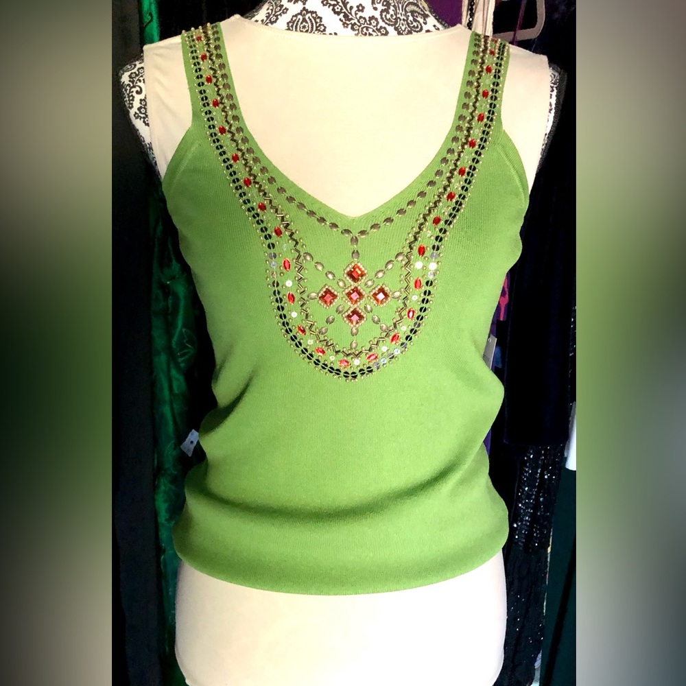 Neiman Marcus Embellished knit tank by J.A.C. Apple green beads sequins jewels